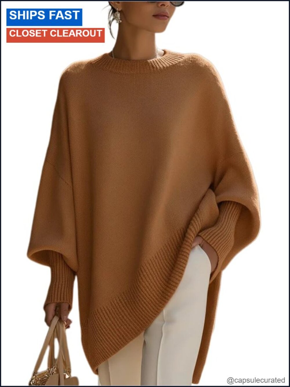 Oversized Batwing Sleeve Knit Sweater Crewneck Pullover Tunic